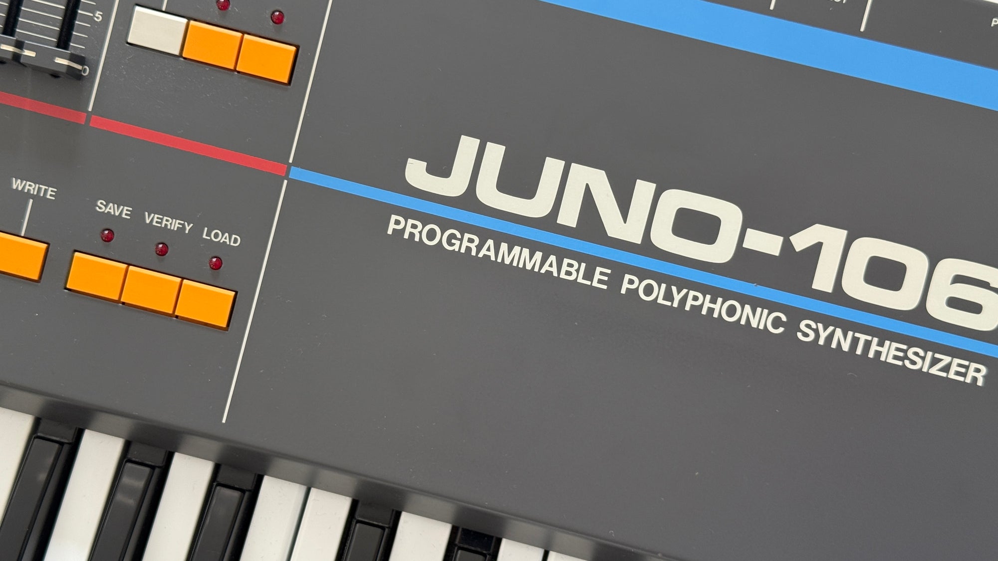 Close-up of the Roland Juno-106 synthesiser control panel
